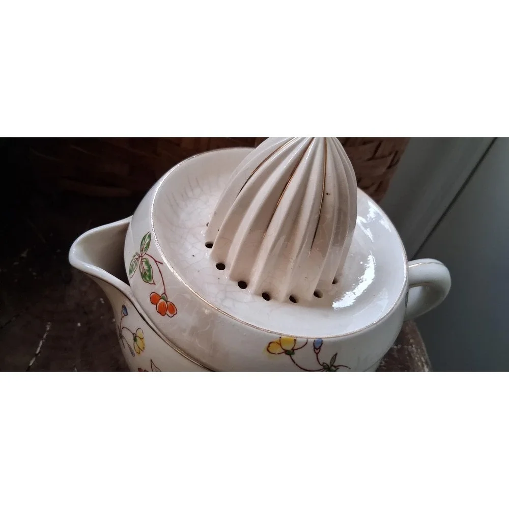 Vintage Large 2 Piece Porcelain Flowered Hand Juicer/ Spout & Handle Japan 1920s